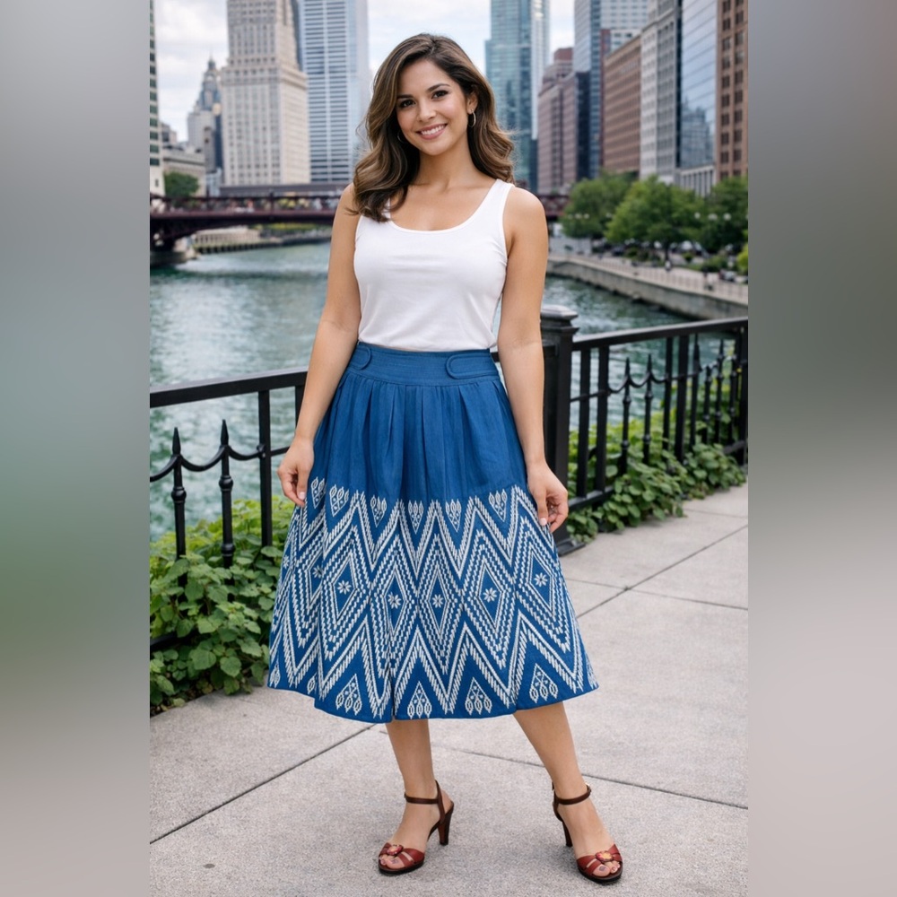 Anthropologie Floreat Winston Skirt | Blue Embroidered A-Line | Pleated Size S